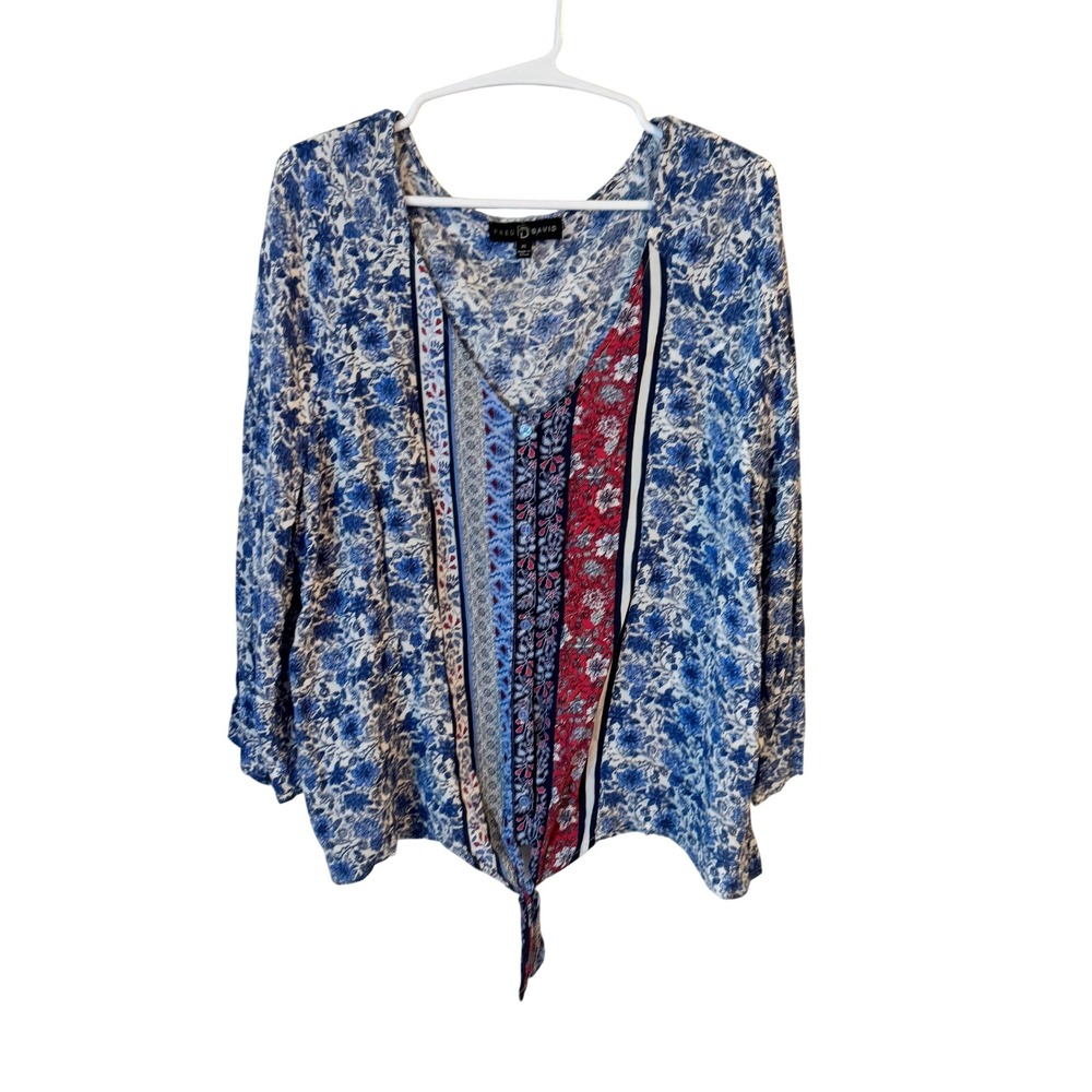 Fred David Women Blue Floral Patchwork Tie Front V-Neck Blouse XL B2U085RM